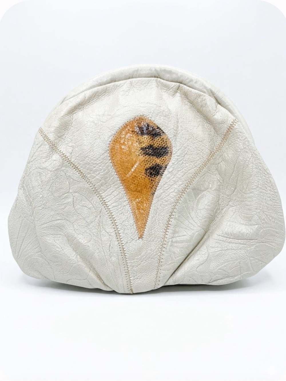 Vintage 80’s Clutch-Cream Leather with Golden Yellow Snakeskin Accent